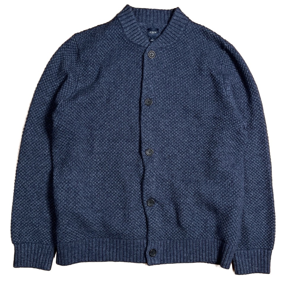 J.Crew Knit Button-Front Cardigan Sweater Navy Large Lambswool Blend